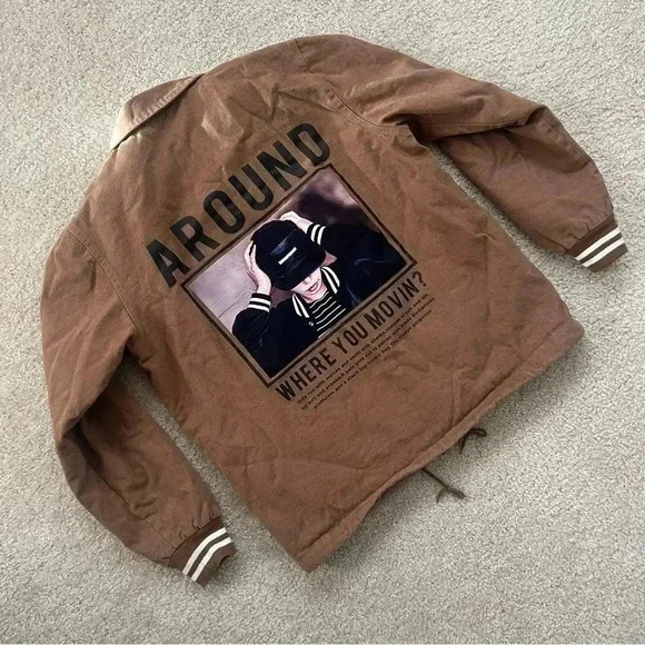 Reborn & Audi Streetwear (Around) Snap Jacket Coat Me Large Brown Striped Trim - Picture 2 of 12